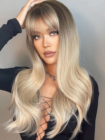 女性ライトゴールドの硬化性繊維層の長い合成かつら