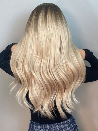 女性ライトゴールドの硬化性繊維層の長い合成かつら