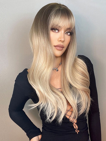 女性ライトゴールドの硬化性繊維層の長い合成かつら