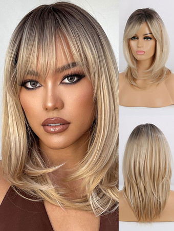 女性のための長いかつらのための小さな真っ直ぐな耐熱性繊維層の層状合成かつら