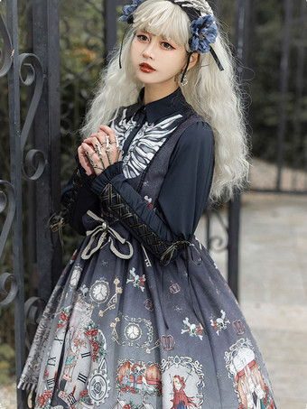 ゴシックロリータブラウスロリータトップターンダウンカラー長袖ブラックロリータシャツ