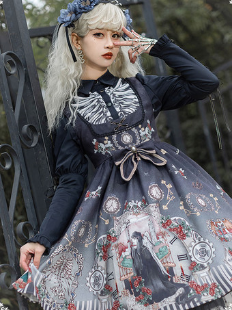 ゴシックロリータブラウスロリータトップターンダウンカラー長袖ブラックロリータシャツ