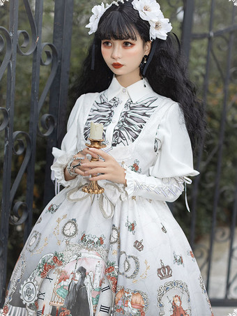 ホワイト ゴシックロリータブラウスロリータトップターンダウンカラー長袖ブラックロリータシャツ