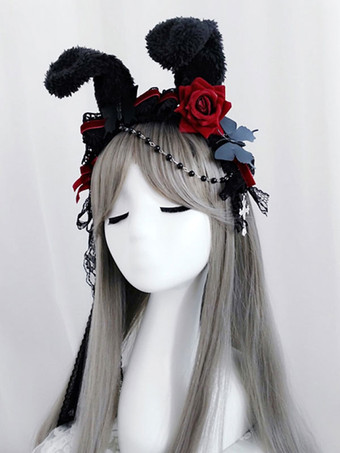 Black Lolita Kopfschmuck Polyester Faserketten Lace Bögen Spitze Bogen Kaninchenohren Lolita Stirnband