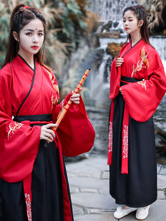 レッド 中国風漢服3点セット長袖ポリエステルドレス衣装