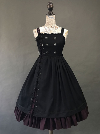 Gothique Lolita JSK Robe Noir Bordeaux Sans Manches Volants À Lacets Jupe Pull En Polyester