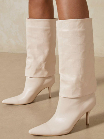 アイボリー レディースブーツスティレットヒールポインテッドトゥPUレザーブラックミッドカーフブーツ