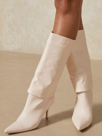 レディースブーツスティレットヒールポインテッドトゥPUレザーブラックミッドカーフブーツ