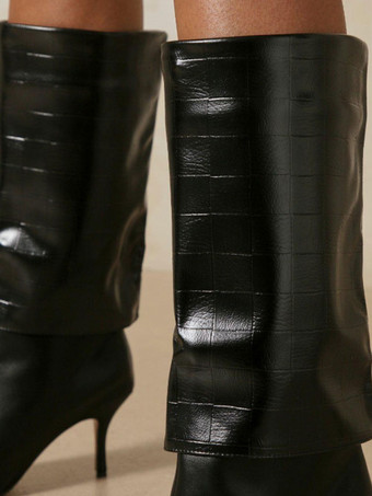 レディースブーツスティレットヒールポインテッドトゥPUレザーブラックミッドカーフブーツ