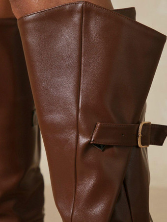 女性用ブーツスチレットヒール先のとがったつま先PUレザーチョコレートブラウンニーハイブーツ