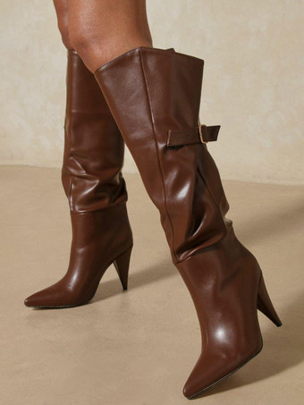 女性用ブーツスチレットヒール先のとがったつま先PUレザーチョコレートブラウンニーハイブーツ