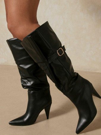 女性用ブーツスチレットヒール先のとがったつま先PUレザーチョコレートブラウンニーハイブーツ