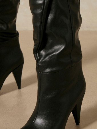 女性用ブーツスチレットヒール先のとがったつま先PUレザーチョコレートブラウンニーハイブーツ