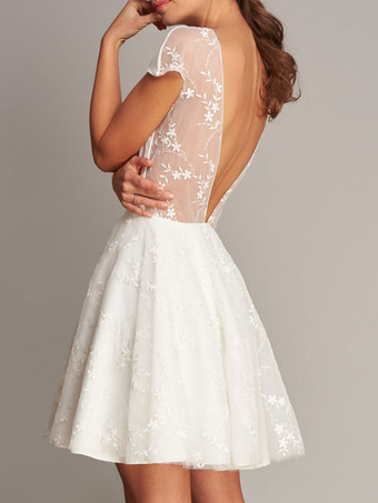 Robe de mariée courte robe de mariage Top col rond manche courte décolleté jupe courte