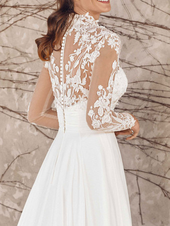 電車の高い襟の長袖レースの白いシンプルなウェディングドレスレースAラインブライダルドレス