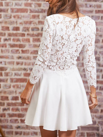 アイボリーショートウェディングドレスジュエルネック長袖Aライン天然ウエストポリエステルショートブライダルドレス