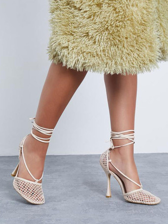 女性用 メッシュ ヒール ピンク レースアップ ヒール プロムシューズ イブニング ヒール