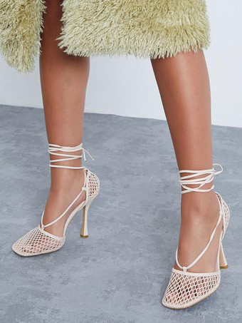 アイボリー 女性用 メッシュ ヒール ピンク レースアップ ヒール プロムシューズ イブニング ヒール