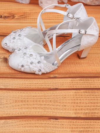 Hochzeitsschuhe Satin Elfenbein Runde Zehe Strasssteine Chunky Heel Mid Brautschuhe