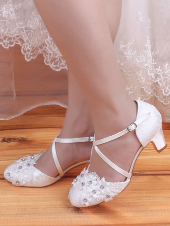 Hochzeitsschuhe Satin Elfenbein Runde Zehe Strasssteine Chunky Heel Mid Brautschuhe