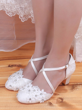 Hochzeitsschuhe Satin Elfenbein Runde Zehe Strasssteine Chunky Heel Mid Brautschuhe