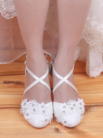 Hochzeitsschuhe Satin Elfenbein Runde Zehe Strasssteine Chunky Heel Mid Brautschuhe