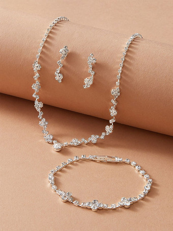 Conjuntos de joias com 3 peças colar de strass branco pulseira brinco conjunto de joias