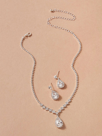 Conjuntos de joias de 2 peças colar de liga de strass branco conjunto de joias