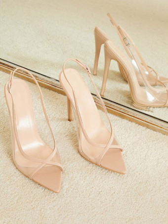 レディースヒールスチレットヒールポインテッドトゥPUレザーフレッシュカラースリングバックヒール