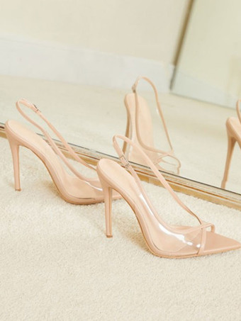 レディースヒールスチレットヒールポインテッドトゥPUレザーフレッシュカラースリングバックヒール