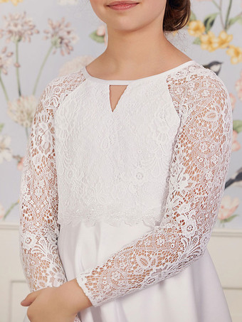 ホワイトフラワーガールドレスジュエルネックポリエステル長袖ティーレングスAラインレースキッズパーティードレス