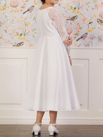 ホワイトフラワーガールドレスジュエルネックポリエステル長袖ティーレングスAラインレースキッズパーティードレス