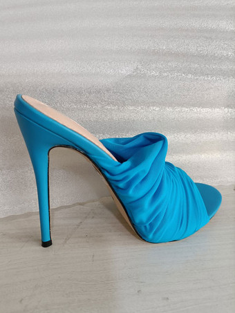 ブルー 女性ヒールミュールスティレットヒール伸縮性生地ブラックミュール