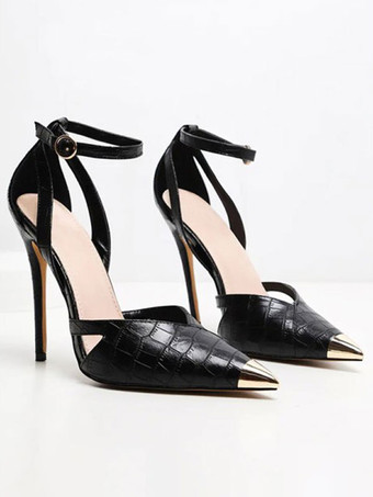 レディースパンプス ポインテッドトゥ スティレットヒール エレガントなブラック アンクルストラップヒール