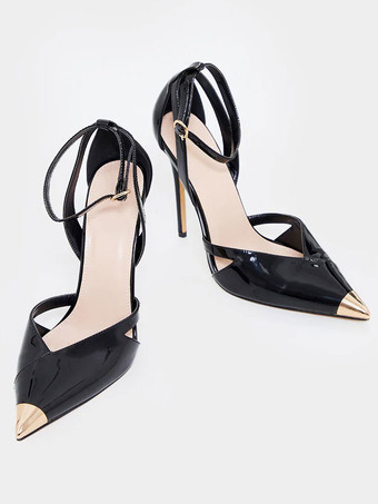 女性のためのハイヒールスティレットヒールPUレザーエリックホワイトアンクルストラップヒール