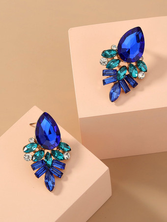 Earrings Blue Rhinestones Metal Oval Non Stone Pierced Women Jewelry