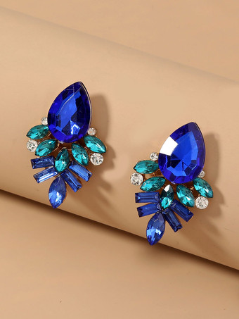 イヤリングブルーラインストーンメタルオーバルノンストーンピアスレディースジュエリー