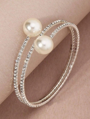 Women Bracelet White Pearls Rhinestone Round Brilliant Spiral Chain Circles Bracelets