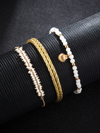 女性のためのブレスレットブロンドかぎ針編みのフェイクレザーノンストーン長方形マルチチェーンチェーンニットブレスレット3ピースセット