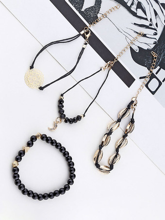 女性のブレスレット黒かぎ針編みのフェイクレザーノンストーンマルチチェーンチェーン織りブレスレット