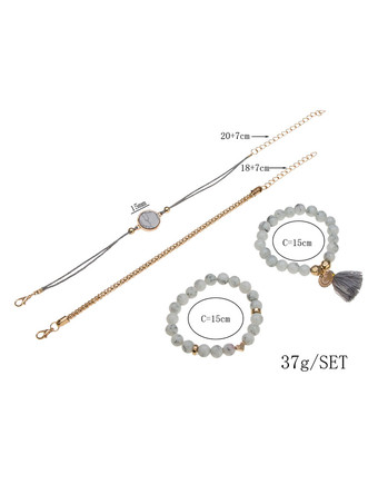 女性用ブレスレットホワイトティアードフェイクレザーノンストーンラウンドブリリアントマルチチェーンチェーンストーンプリントブレスレット4ピースセット