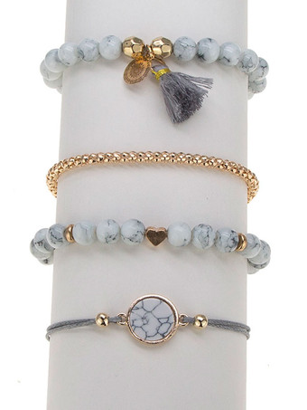 女性用ブレスレットホワイトティアードフェイクレザーノンストーンラウンドブリリアントマルチチェーンチェーンストーンプリントブレスレット4ピースセット