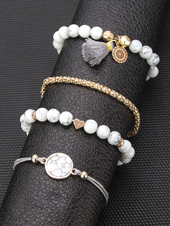 女性用ブレスレットホワイトティアードフェイクレザーノンストーンラウンドブリリアントマルチチェーンチェーンストーンプリントブレスレット4ピースセット