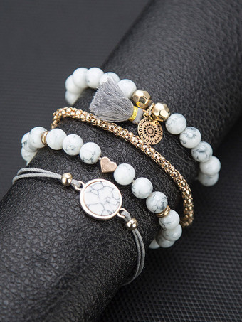 女性用ブレスレットホワイトティアードフェイクレザーノンストーンラウンドブリリアントマルチチェーンチェーンストーンプリントブレスレット4ピースセット