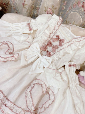 甘いロリータOPドレス ウェディングドレス リムーバブル スリーブポリエステルフリルレースボウ ロリータワンピースドレス ホワイト