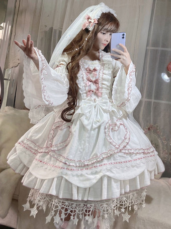 Sweet Lolita OP Dress Vestido de Noiva Mangas Removíveis Poliéster Babados Laços de Renda Lolita Branco Vestido One Piece