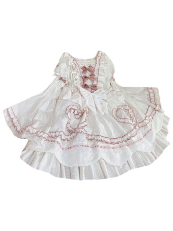 甘いロリータOPドレス ウェディングドレス リムーバブル スリーブポリエステルフリルレースボウ ロリータワンピースドレス ホワイト