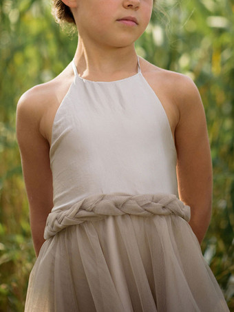 シャンパンフラワーガールドレスホルターポリエステルノースリーブ膝丈Aラインボウキッズパーティードレス