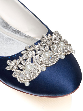ロイヤルブルーのウェディングシューズサテンラウンドトゥラインストーンフラットシューズ