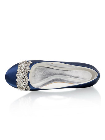 ロイヤルブルーのウェディングシューズサテンラウンドトゥラインストーンフラットシューズ